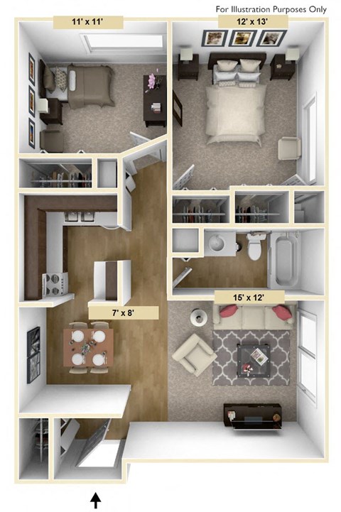 Floor plan for 2 beds, 1 bath, 820 sqft